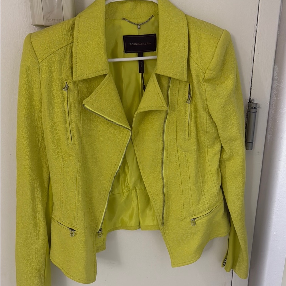 BCBGMaxAzria Yellow Leather Moto Jacket Asymmetrical Zipper